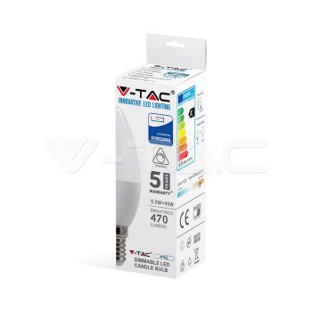   V-TAC dimmelhető gyertya LED izzó  E14 5,5W 470Lm 200° 3000K Samsung chip 