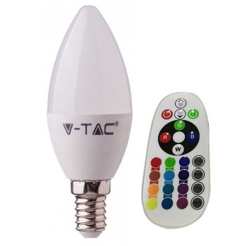   V-TAC távirányítós gyertya LED izzó E14 3,5W 320Lm 200° RGB+4000K 