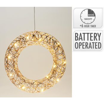   Karácsonyi világító koszorú, fém, arany színű, meleg fehért leddel 30x7x30 cm