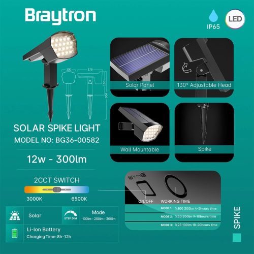 Braytron LED leszúrható / falra szerelhető szolár, 12W CCT 300Lm  IP65, dimmelhető, szürke