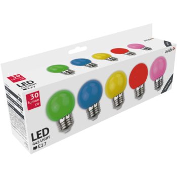  Avide színes kisgömb LED izzó E27 1W 30Lm 200°  Zöld/Kék/Sárga/Piros/Rózsaszín  5db/ csomag