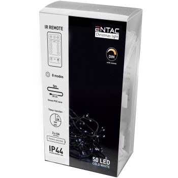   Karácsonyi elemes fényfűzér távirányítóval (3xAA) IP44 50Led 5m hideg fehér
