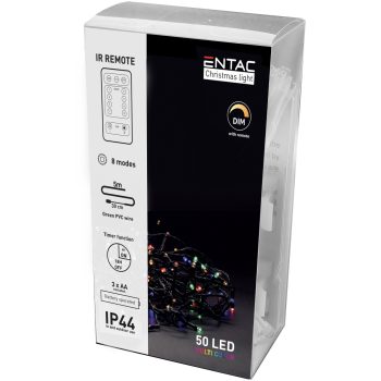   Karácsonyi elemes fényfűzér távirányítóval  (3xAA) IP44 50Led 5m színes
