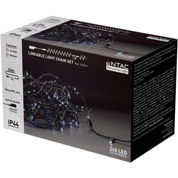   Karácsonyi led fényfűzér adapterrel, sorolható, 240led 24m IP44 hideg fehér