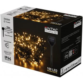   Entac napelemes led fényfűzér 100db meleg fehér leddel, 8 féle világítási móddal, leszúrható napelemes konzol, IP44